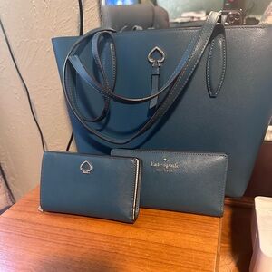 Teal Kate Spade purse with 2 wallets. Excellent condition.